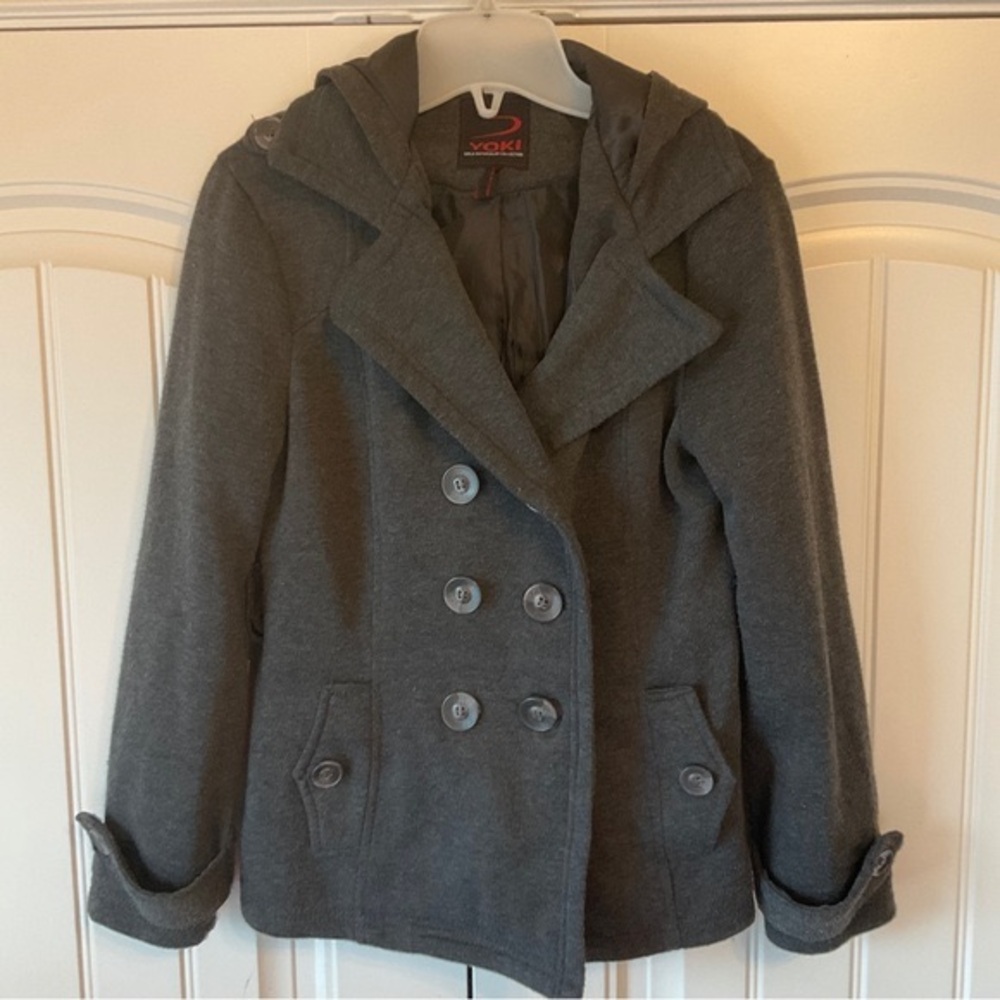 Yoki Girls Outerwear Double Breasted Grey Hooded Peacoat with 600 mm PU